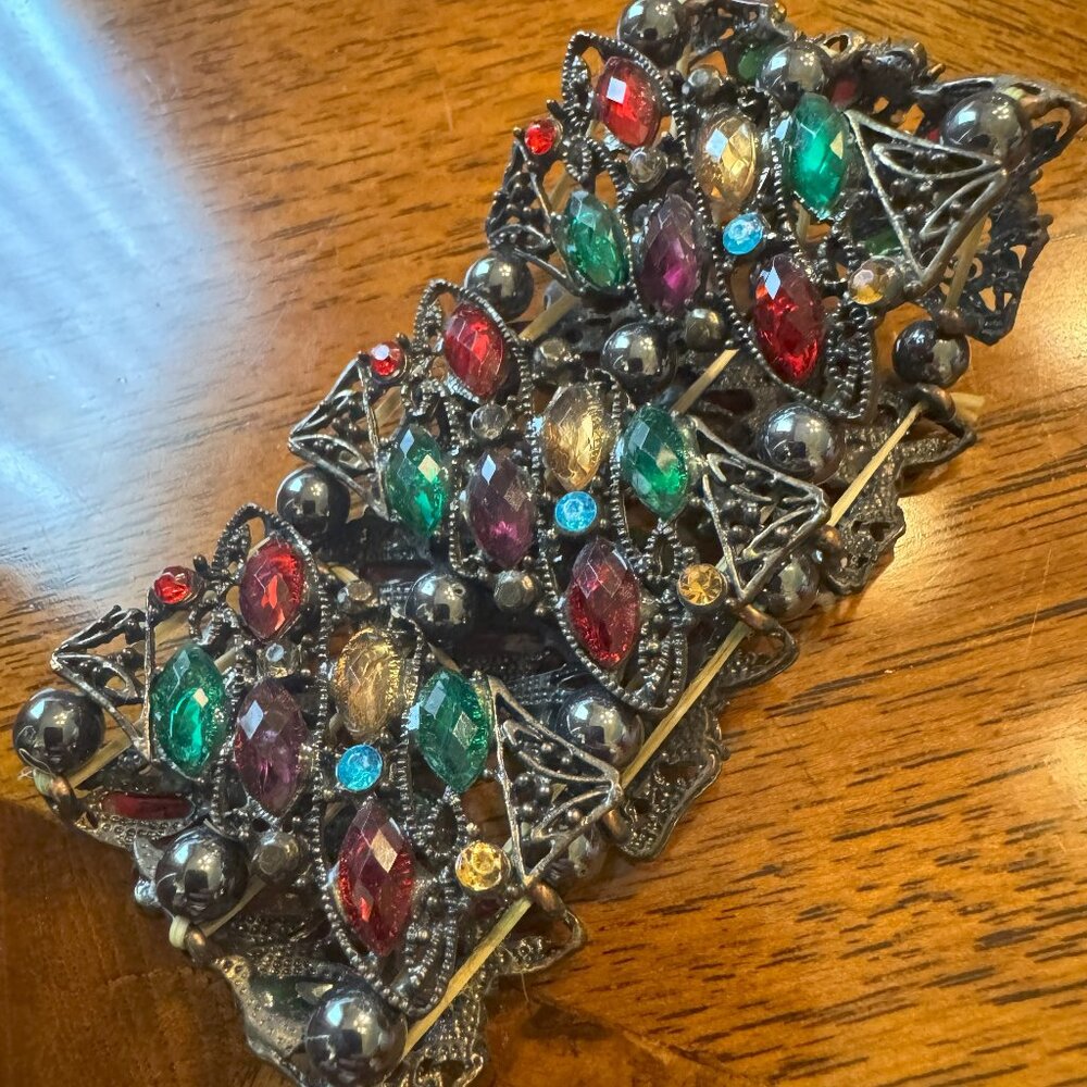 Stretchable Multicolor Gemstones Oversized Statement Bracelet, 1.5 inches width